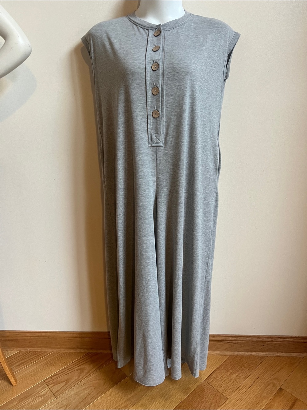 Three Bird Nest Grey Sleeveless Button-Front jumpsuit wide leg
